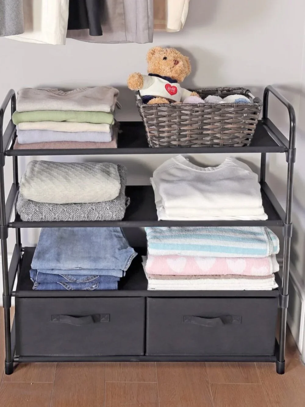4-Shelf Closet Organizer with 2 Fabric Bins – Black